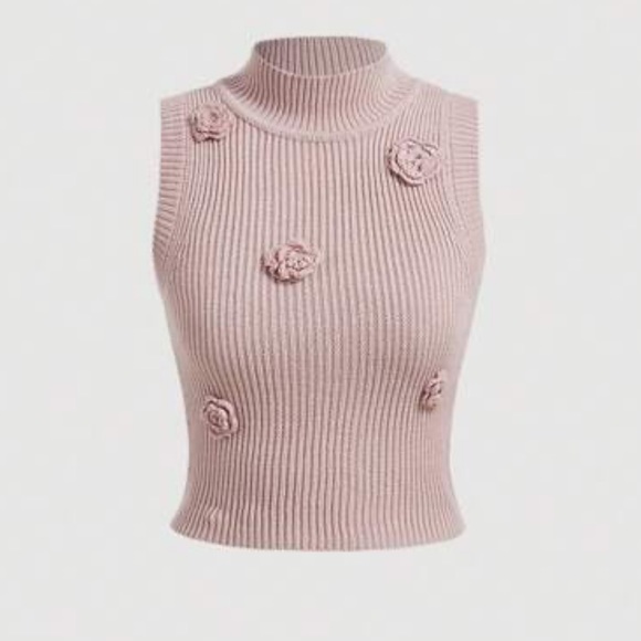 Tops - Pink Mock Neck 3D rosette Stereo Flower Ribbed Knit Top - stretchy